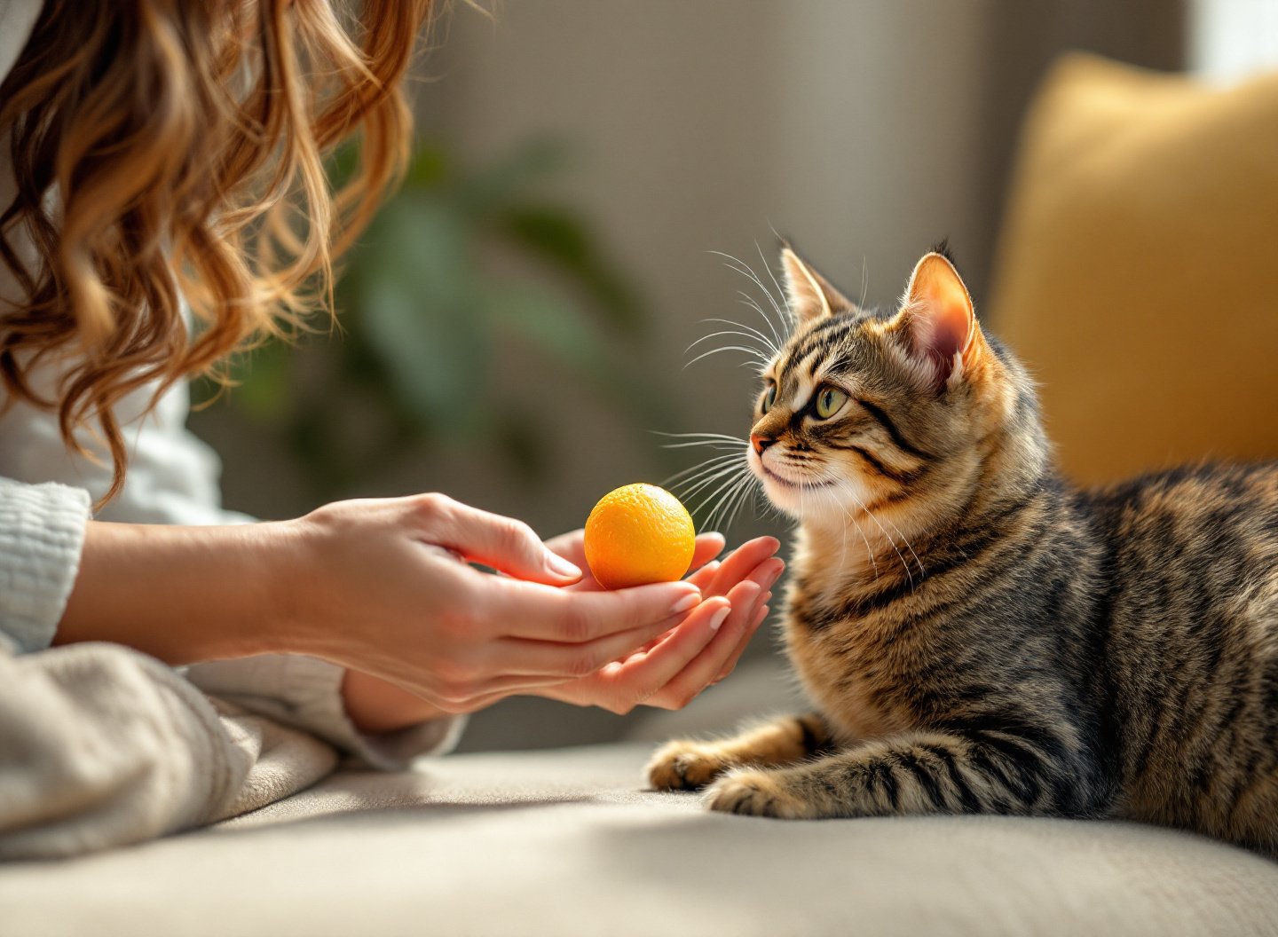 tutor oferecendo bolinha interativa para gato durante brincadeira
