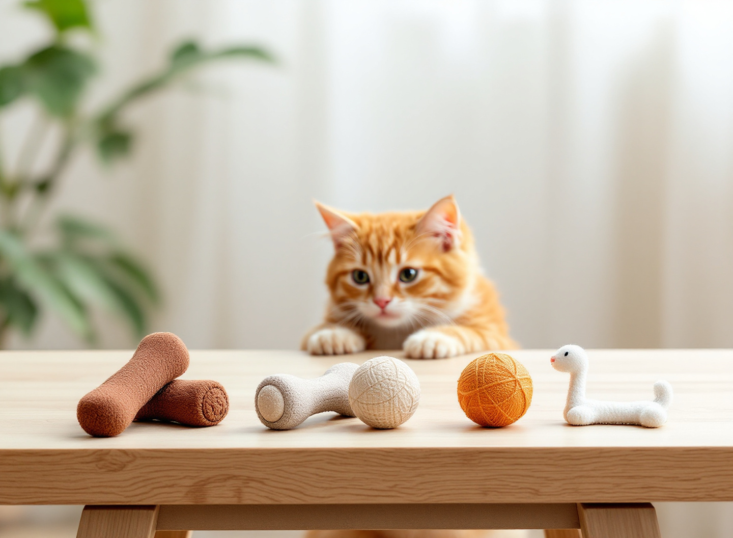 Instinto natural ou tédio mortal? O guia moderno de ratinhos que mantêm gatos mentalmente estimulados 3 composição de brinquedos para gatos incluindo ratinhos, bolinhas e varas em mesa de madeira