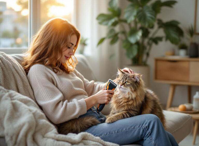 Mulher usando Furminator em gato Maine Coon em ambiente doméstico aconchegante com iluminação natural