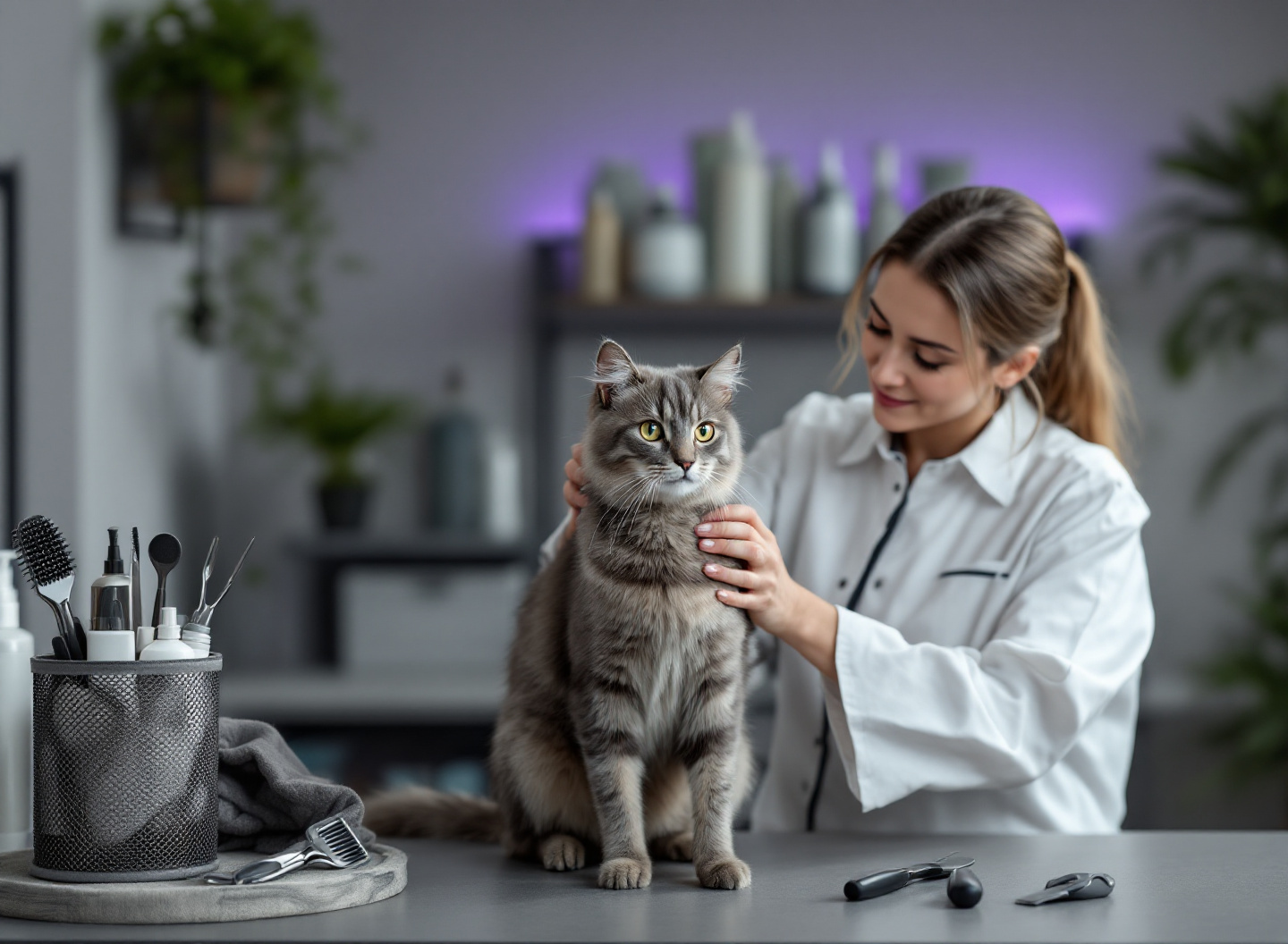 mulher fazendo grooming profissional em gato persa cinza em clínica veterinária