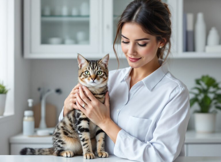 mulher com gato savannah no veterinário, consultório, cuidado profissional, F4, exame animal