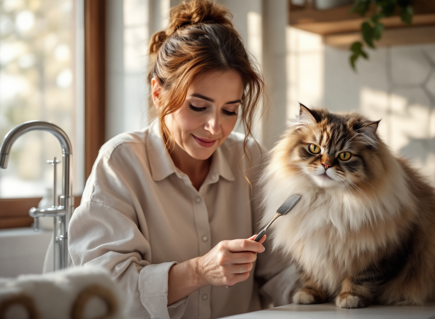 Mulher escovando gato Angora cinza em banheiro com pente de aço