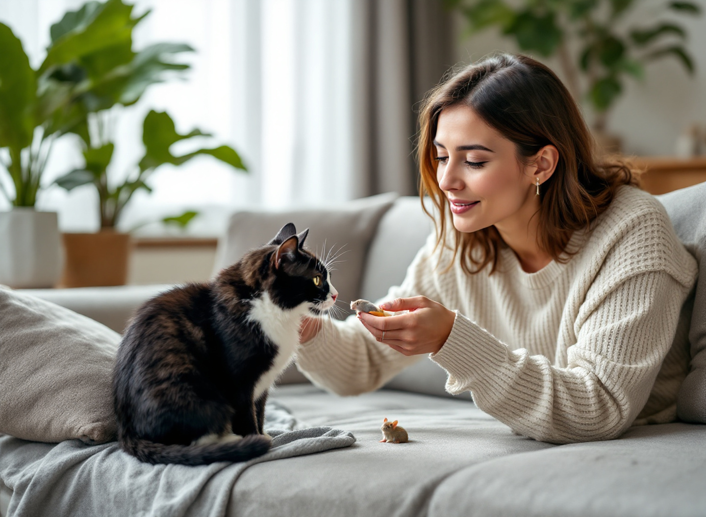 Instinto natural ou tédio mortal? O guia moderno de ratinhos que mantêm gatos mentalmente estimulados 4 proprietário observando gato preto e branco brincando com ratinho em sala de estar