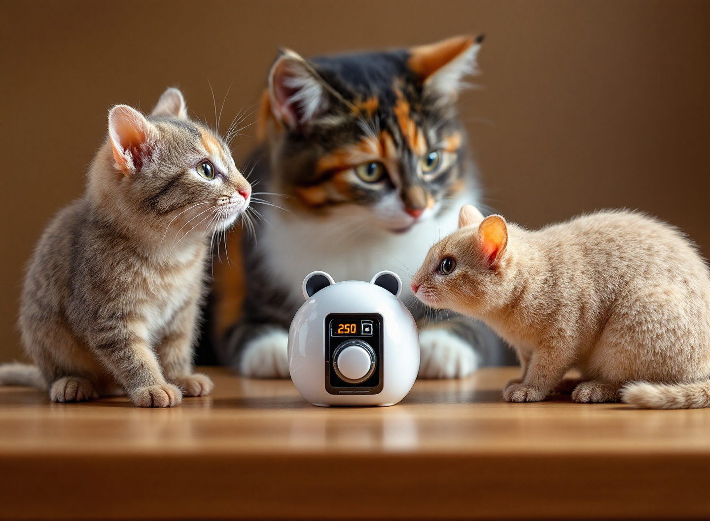 Comparação visual de três tipos de ratos de brinquedo diferentes com gato observando, mostrando variedade de materiais e estilos