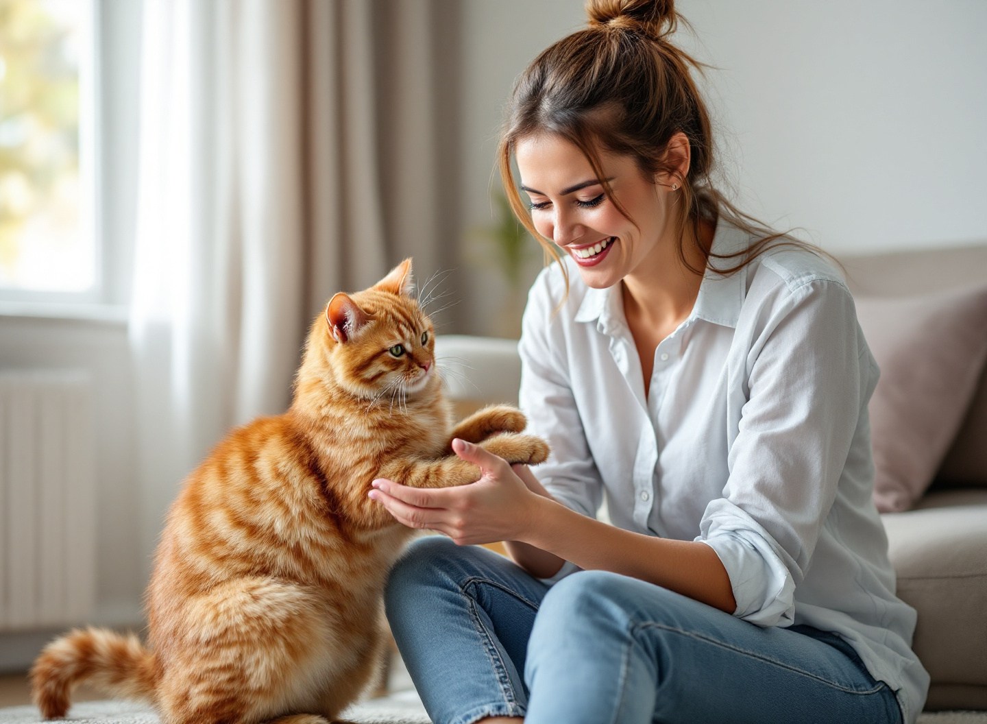 Seu Gato Está Destruindo Móveis? Descubra Como Fazer Arranhadores que Ele Realmente Vai Usar 3 mulher brincando com gato laranja perto de arranhador caseiro em sala aconchegante