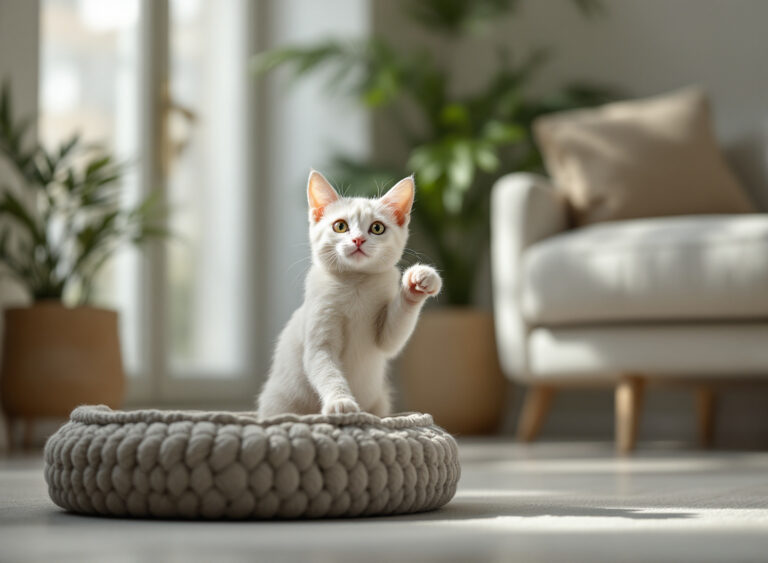 Gato brincando com brinquedo de corda em sala aconchegante com iluminação natural