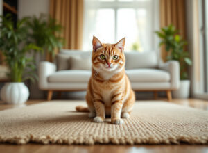 gato cinzento arranhando tapete de sisal em sala de estar aconchegante com decoração moderna