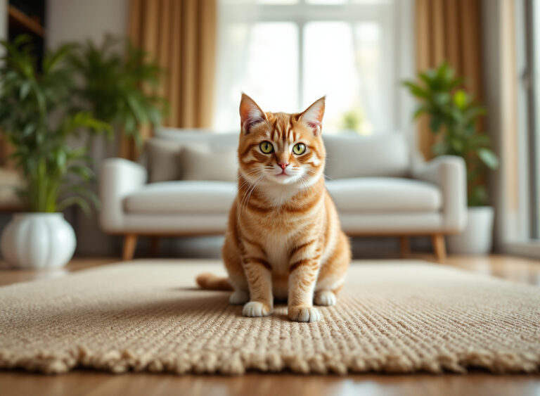 gato cinzento arranhando tapete de sisal em sala de estar aconchegante com decoração moderna