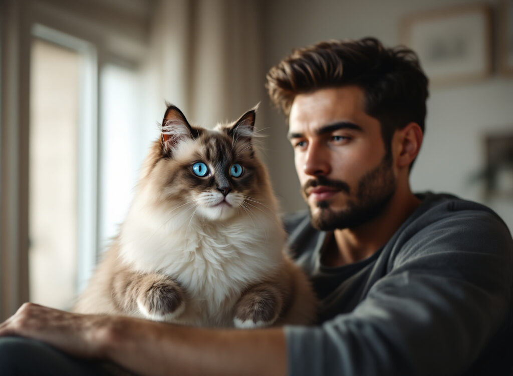 casal escolhendo raça de gato em apartamento moderno
