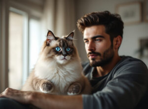 casal escolhendo raça de gato em apartamento moderno