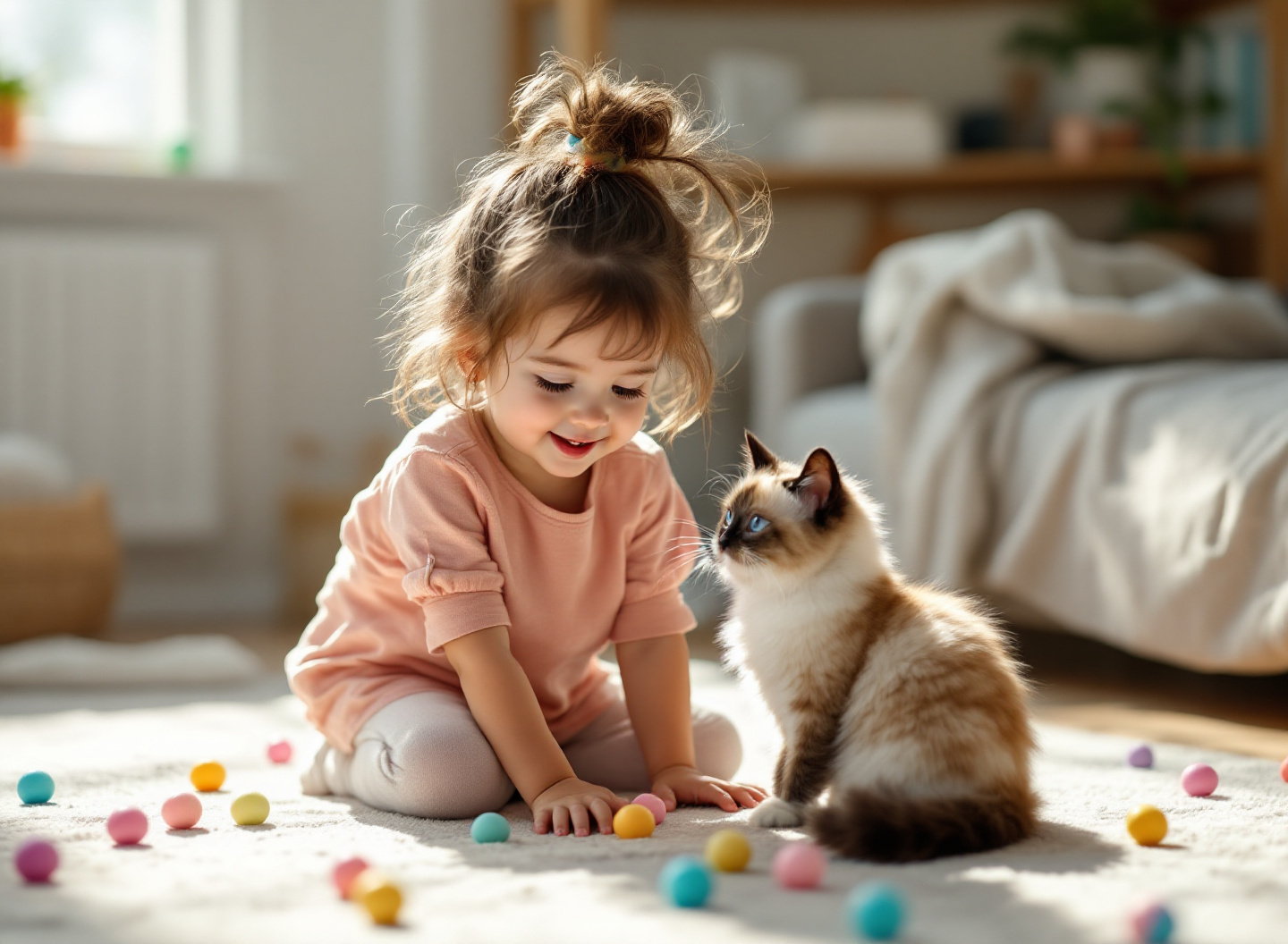 criança brincando seguramente com gato Ragdoll de raça em casa