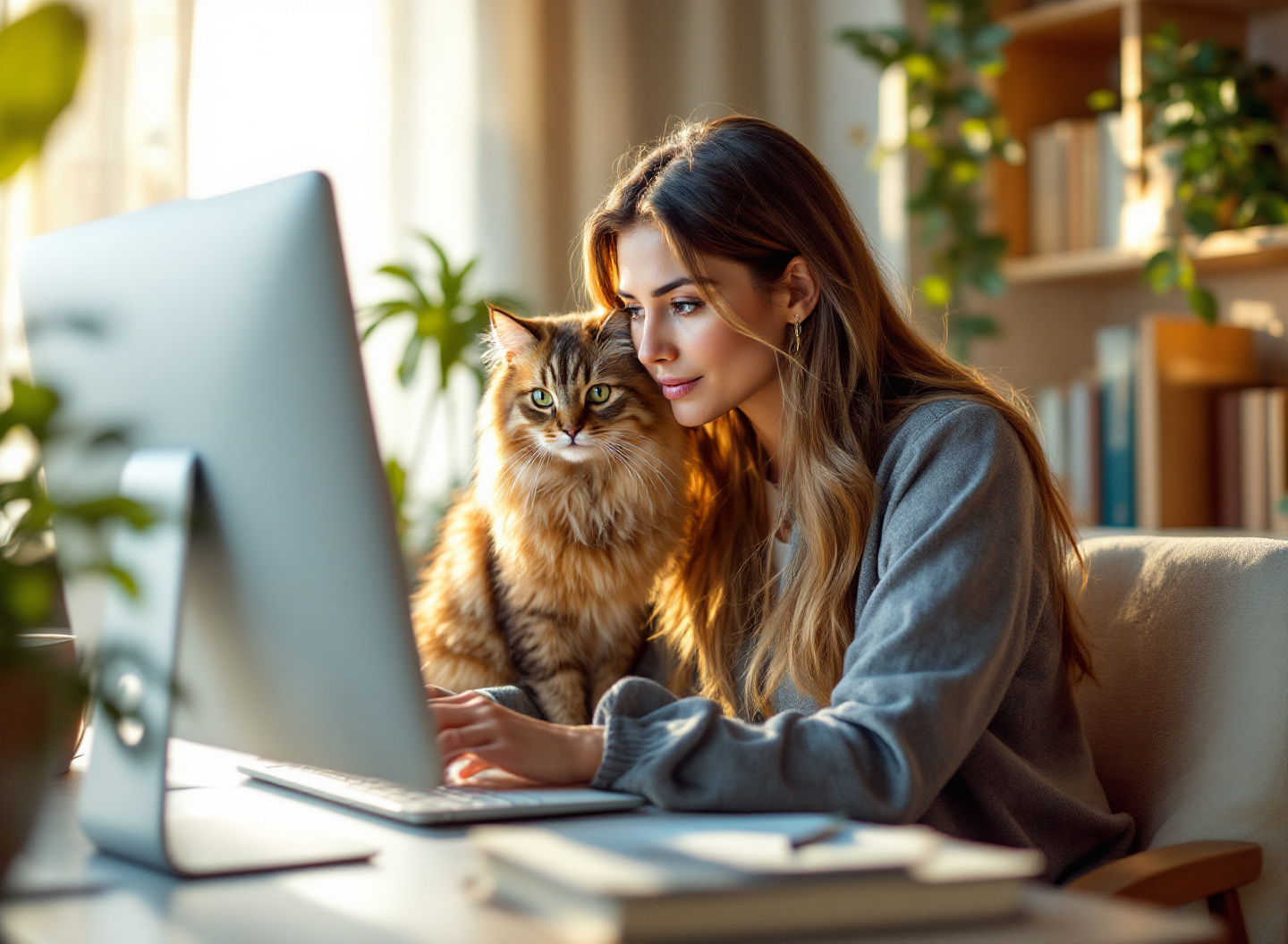 mulher trabalhando em casa com gato Maine Coon de raça