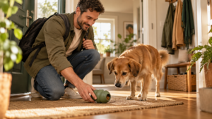 cachorro chora quando fica sozinho e tutor usa brinquedo recheável para acalmá-lo antes de sair