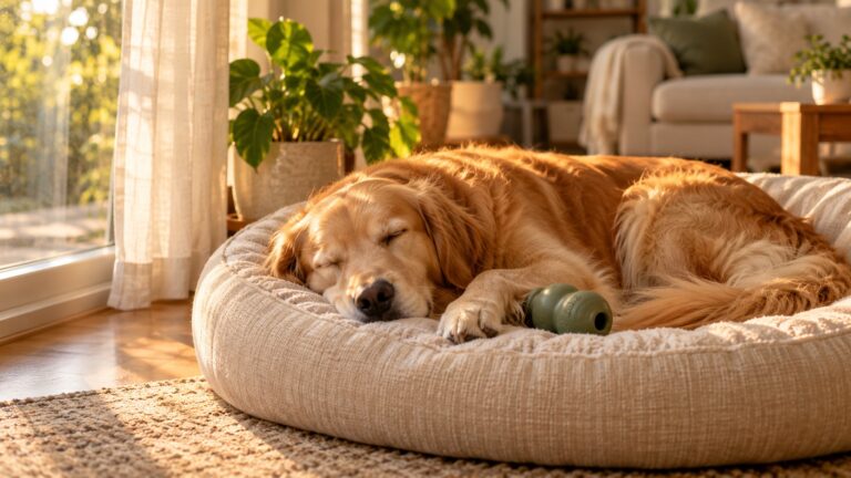 cachorro sozinho em casa dormindo calmo na cama perto da janela