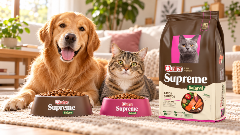 cão e gato diante de potes com ração Quatree Supreme super premium