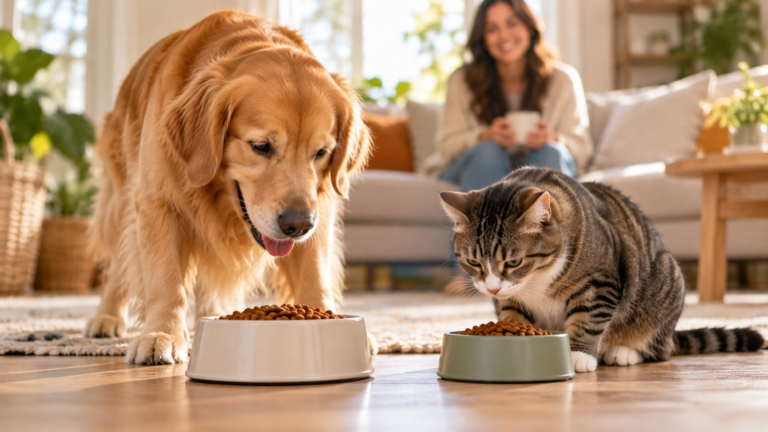 Cão e gato se alimentando com ração formula natural em casa