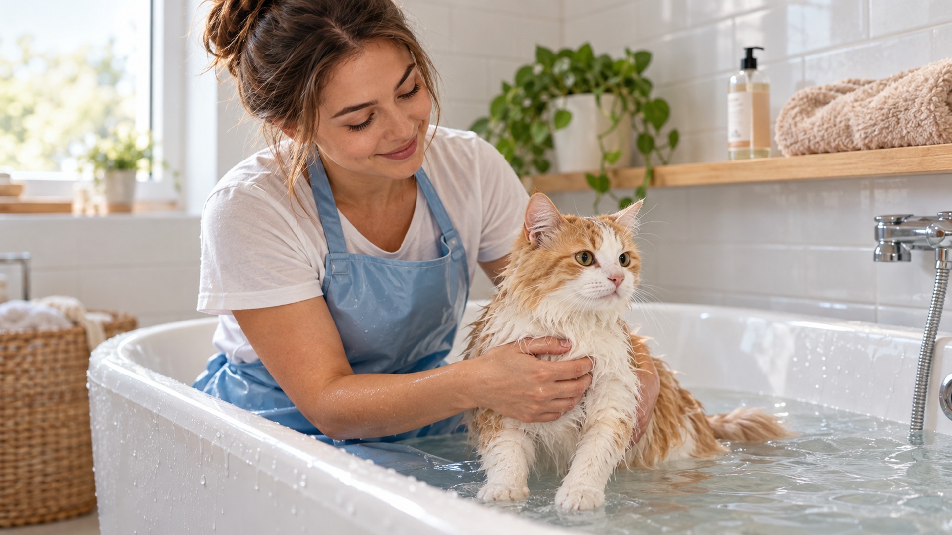 Faz Mal Dar Banho em Gato? A Verdade Sobre Higiene Felina Que Muda Tudo 2 tutora dando banho em gato adulto dentro de banheira doméstica com shampoo para gatos