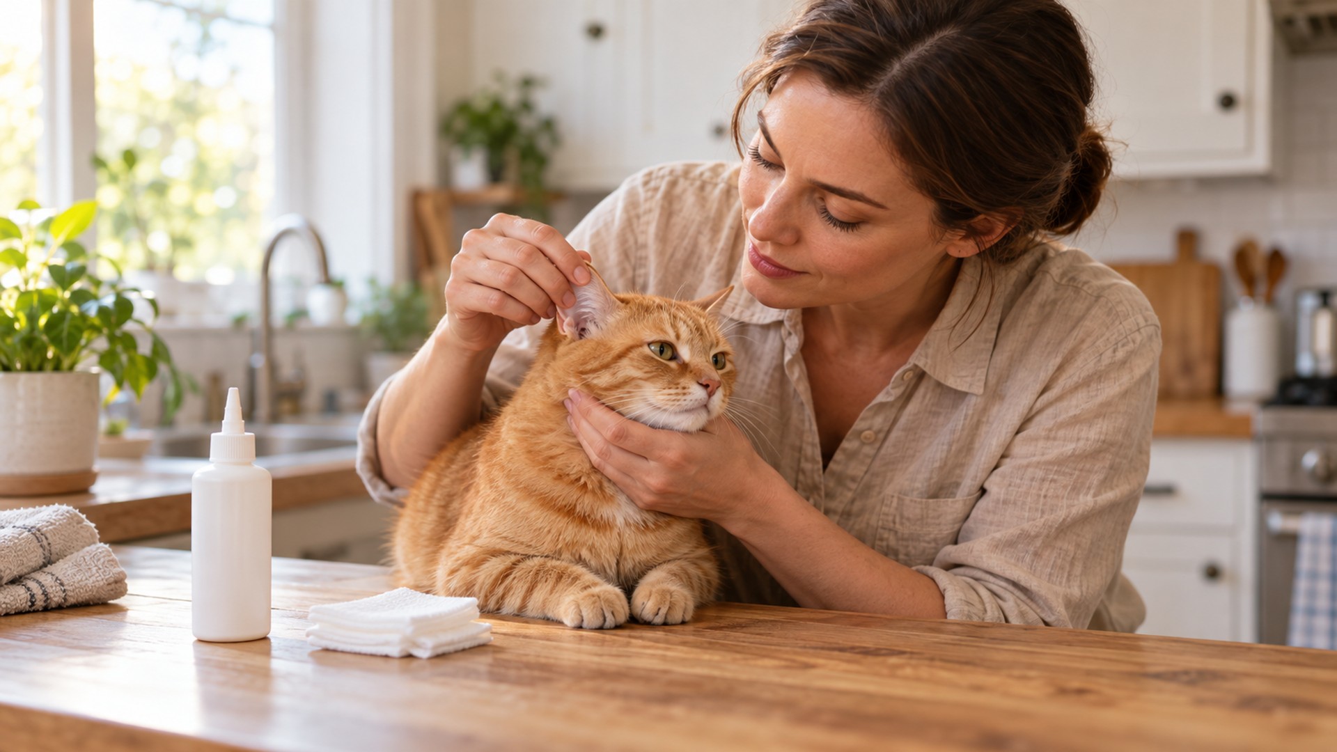 Cera, Sujeira ou Ácaro? Como Identificar e Limpar a Orelha do Gato Antes que Vire Problema 2 tutora limpando a orelha do gato em casa com solução veterinária