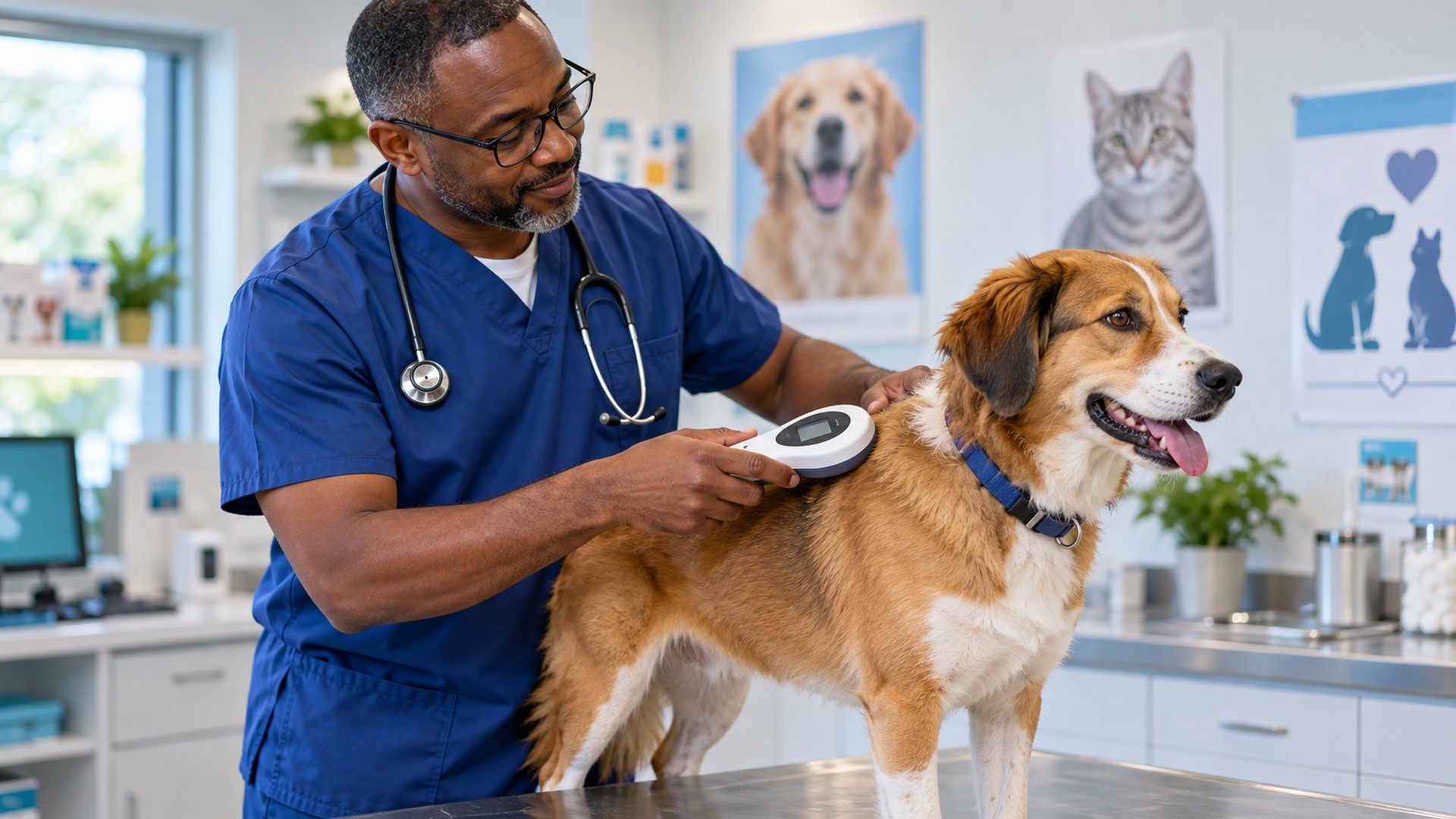 Veterinário escaneando microchip de um cachorro em consultório.