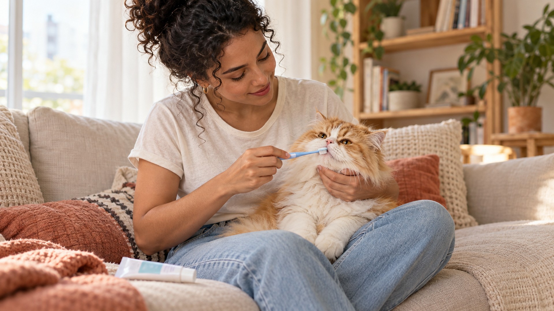 tutora escovando os dentes do gato persa laranja em casa com escova dental para pets