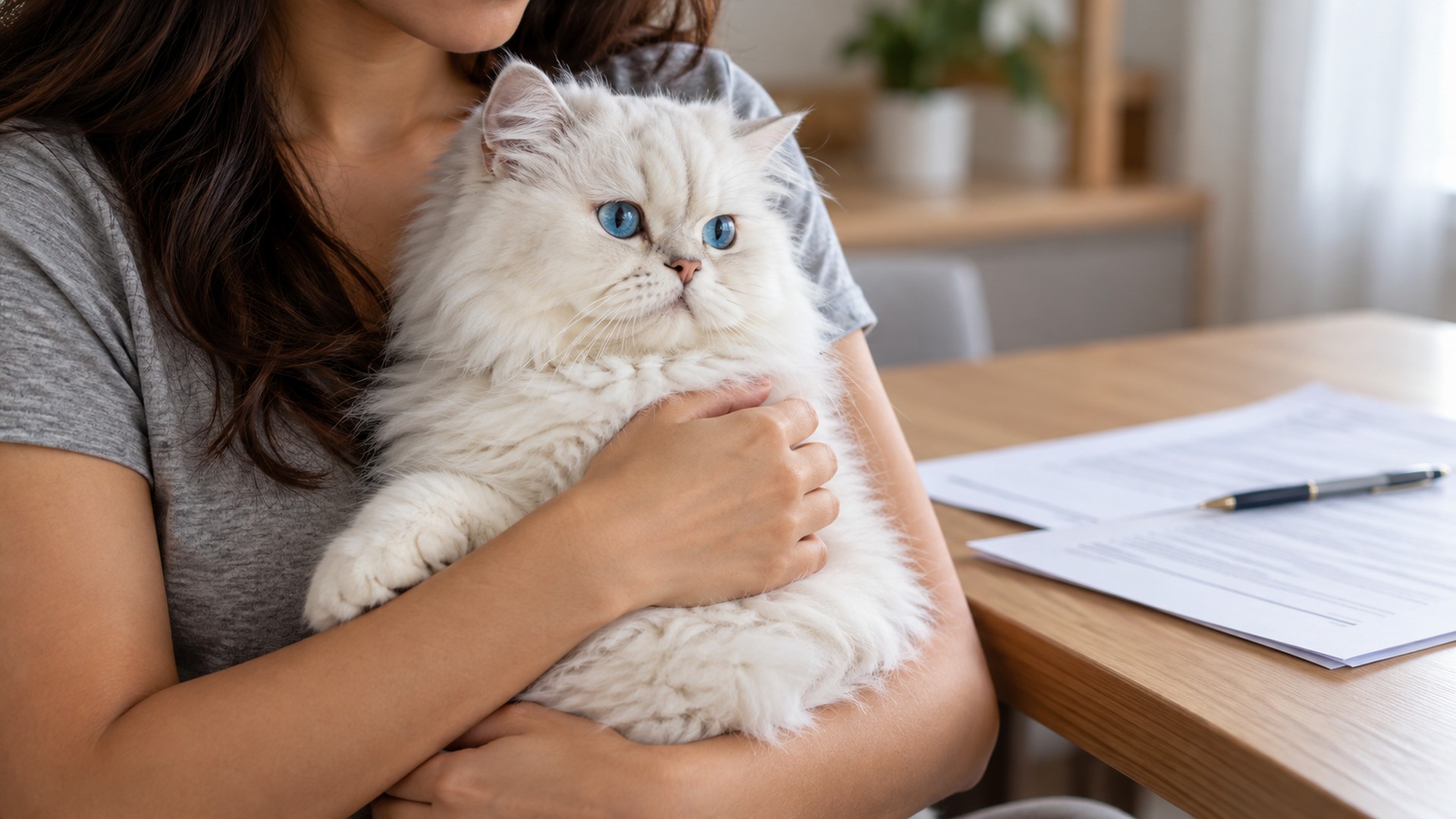 Mulher segurando gato branco enquanto assina documentos de guarda de pet após separação