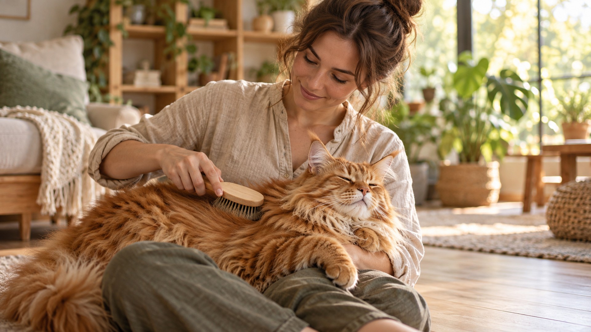 tutora escovando pelo longo de gato maine coon em casa com escova de cerdas naturais
