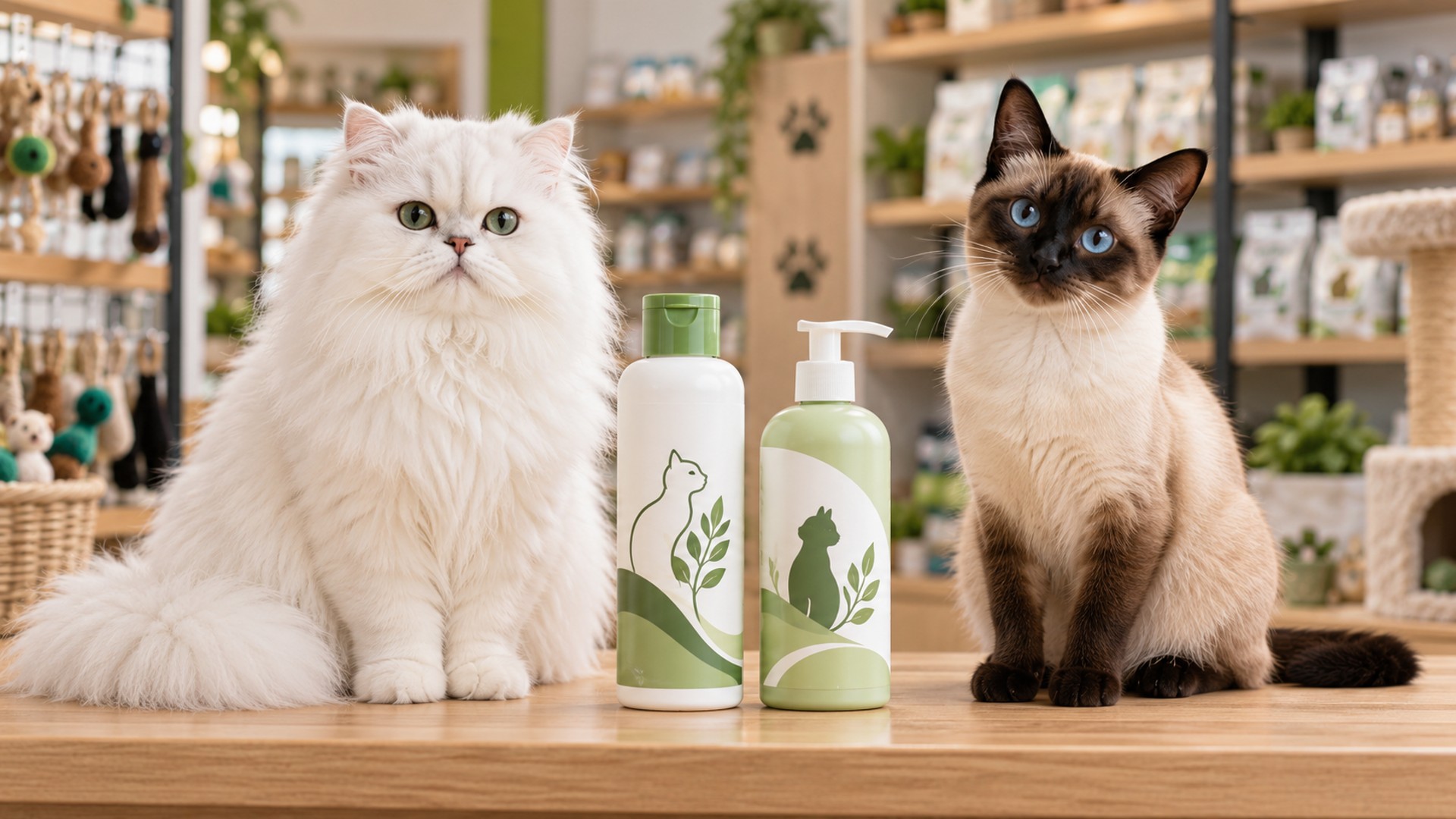 Faz Mal Dar Banho em Gato? A Verdade Sobre Higiene Felina Que Muda Tudo 3 dois gatos de raças diferentes ao lado de shampoos específicos para felinos em pet shop