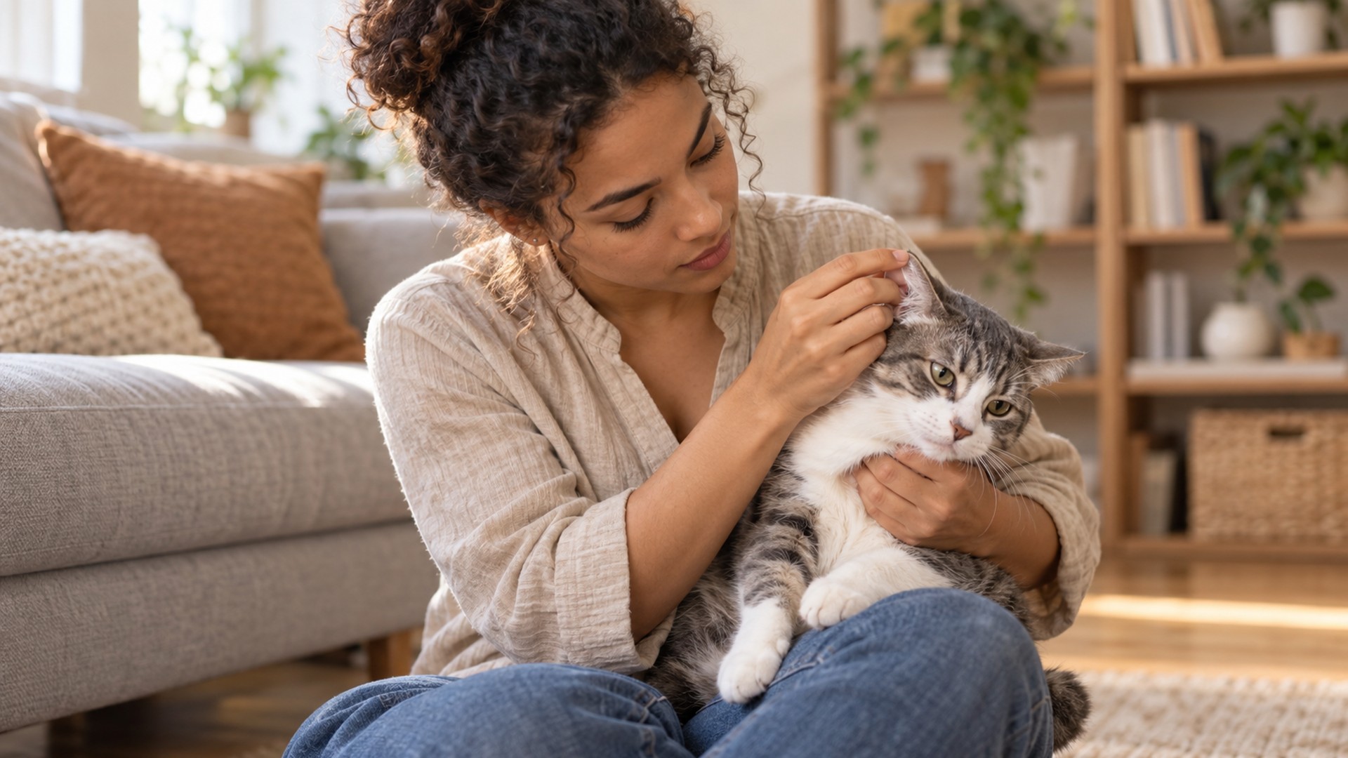 Cera, Sujeira ou Ácaro? Como Identificar e Limpar a Orelha do Gato Antes que Vire Problema 3 Tutora examinando a orelha de gato com inclinação de cabeça em sala de estar aconchegante, identificando sinais de desconforto auditivo no pet
