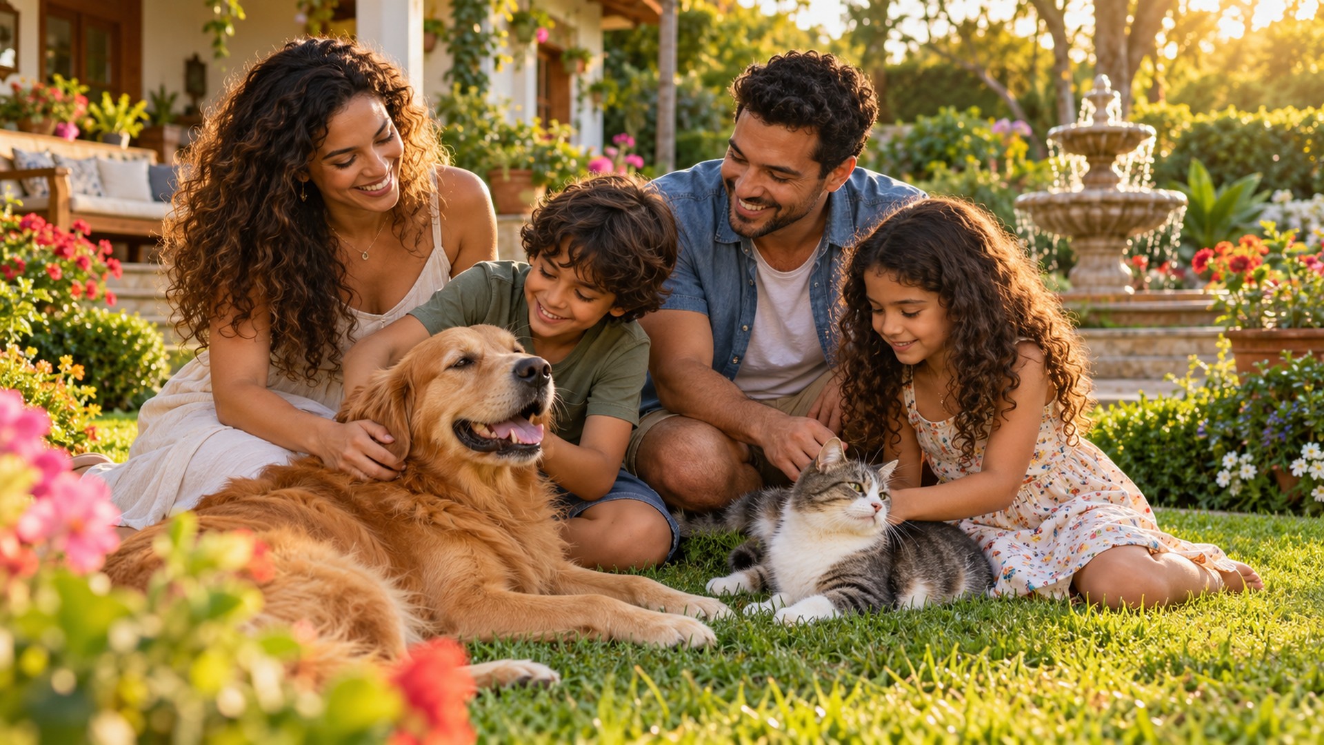 Família brincando com gato e cachorro em um jardim ensolarado.