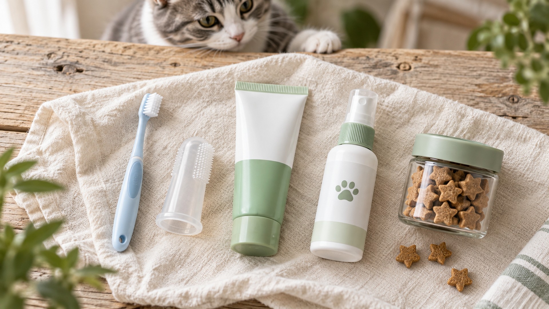 kit higiene bucal para gatos com escova dental, gel e spray dispostos em flat lay