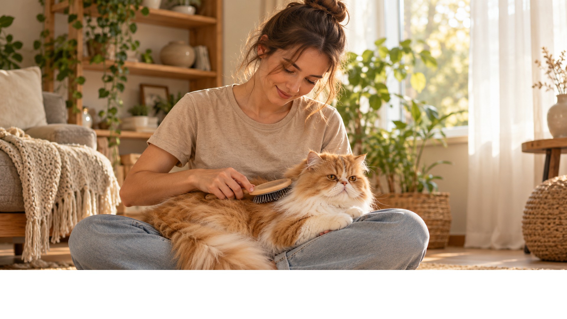 Mulher escovando pelo de gato persa laranja em sala aconchegante, prevenindo bolas de pelo e tricobezoares em gatos