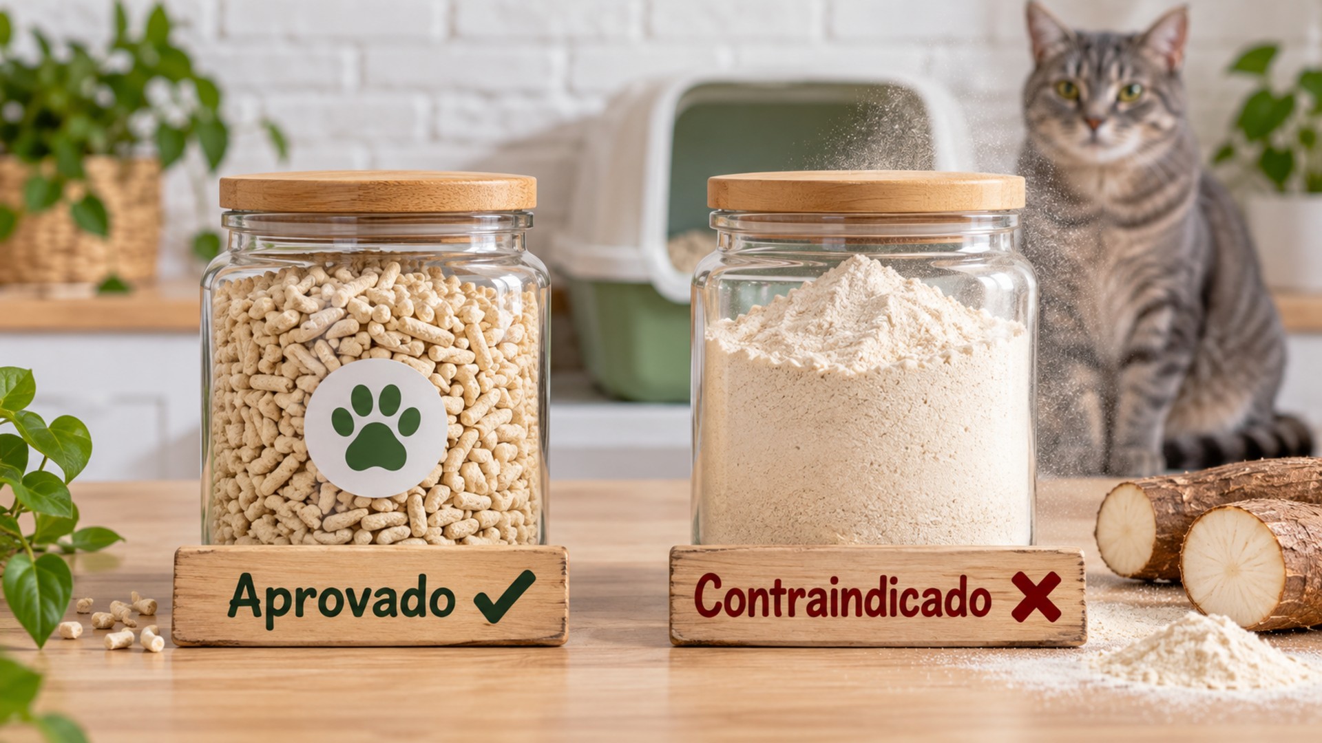 Areia de mandioca para gatos é segura? Veja o que veterinários recomendam 3 Comparação entre granulado de mandioca aprovado e farinha de mandioca contraindicada para caixa de areia de gatos