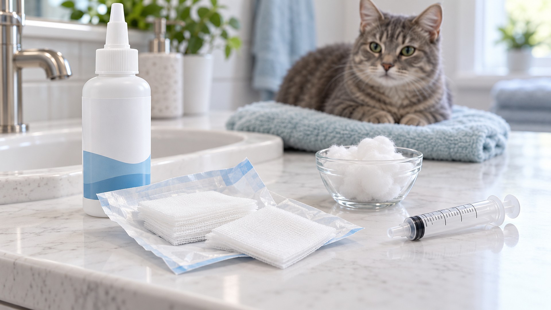 Cera, Sujeira ou Ácaro? Como Identificar e Limpar a Orelha do Gato Antes que Vire Problema 4 materiais para limpar orelha de gato em casa organizados em bancada