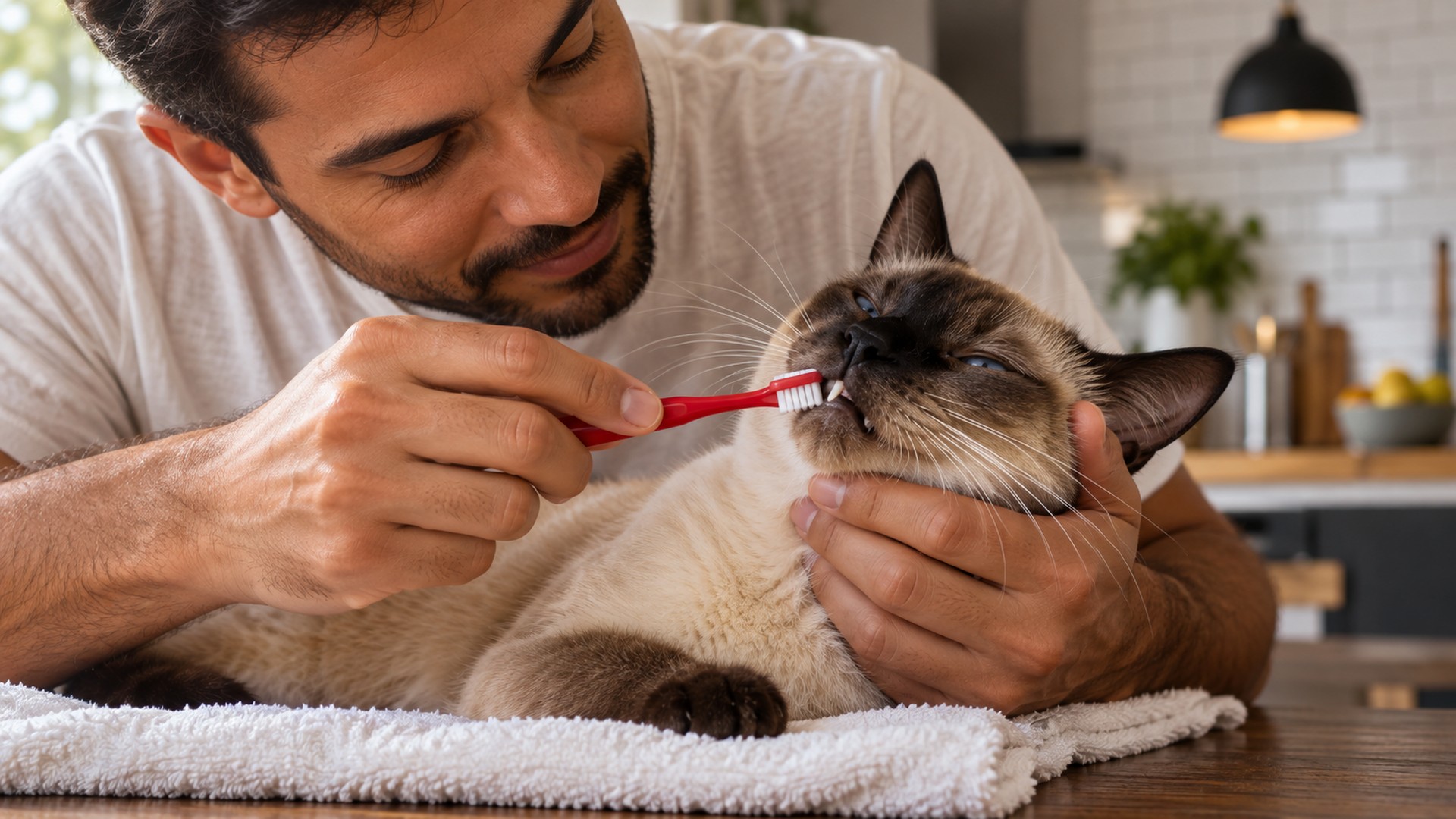 homem escovando os dentes de gato siamês com escova de cerdas macias em casa