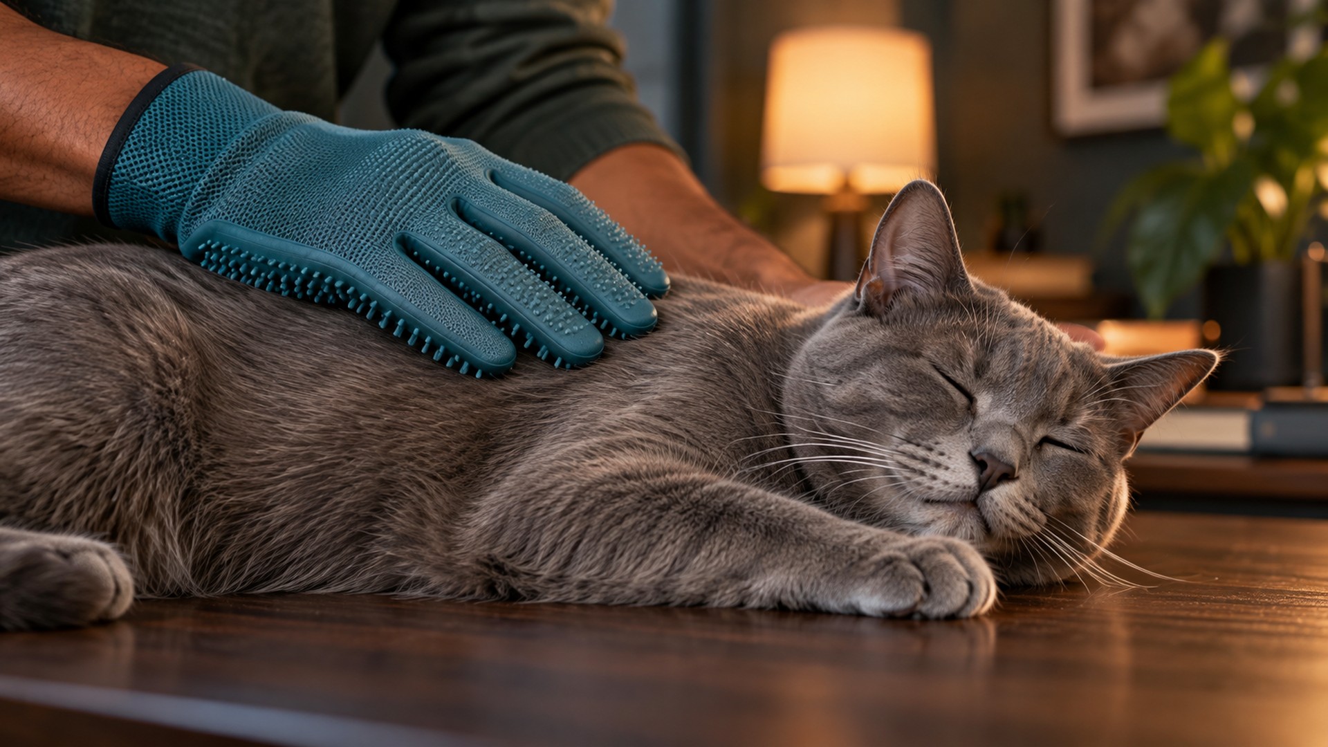 mãos escovando pelo curto de gato cinza com luva de borracha azul