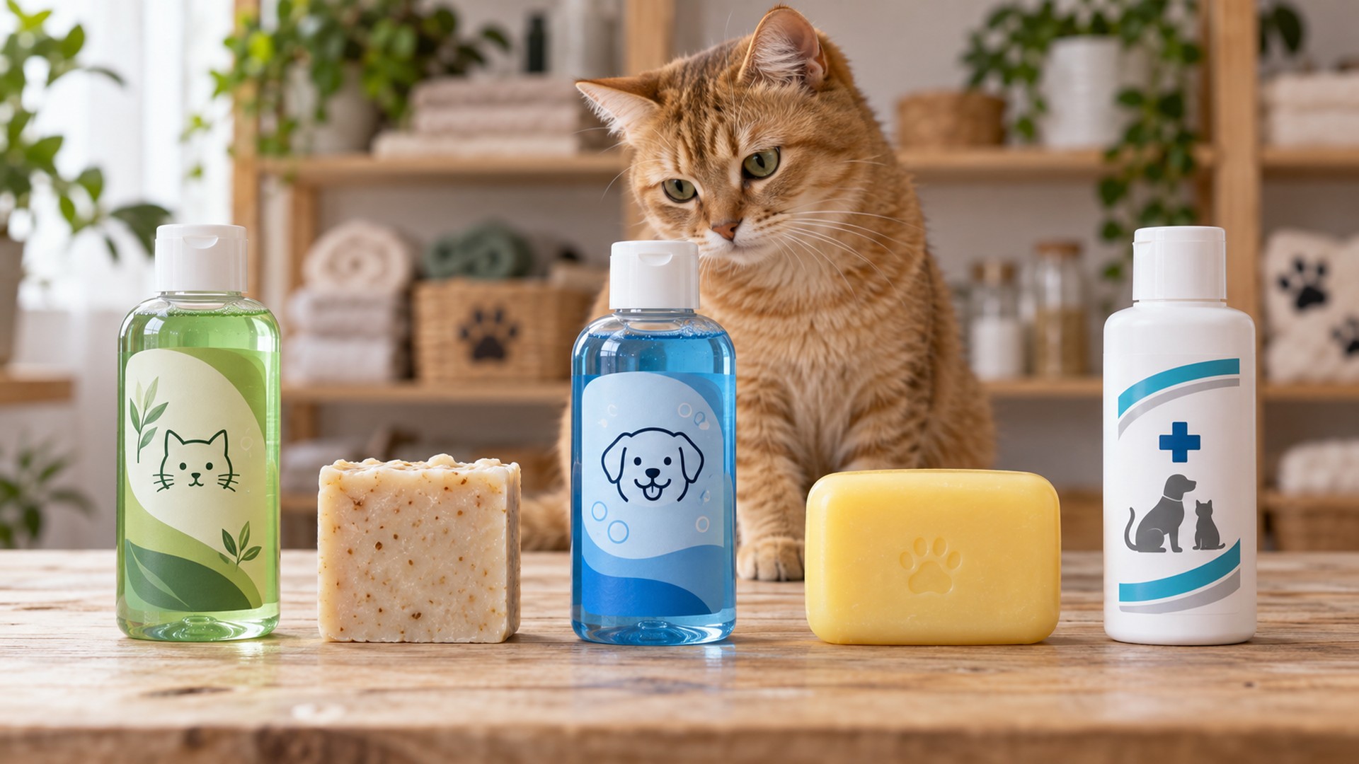 Faz Mal Dar Banho em Gato? A Verdade Sobre Higiene Felina Que Muda Tudo 5 comparativo de produtos de higiene para gatos dispostos em mesa com gato ao fundo