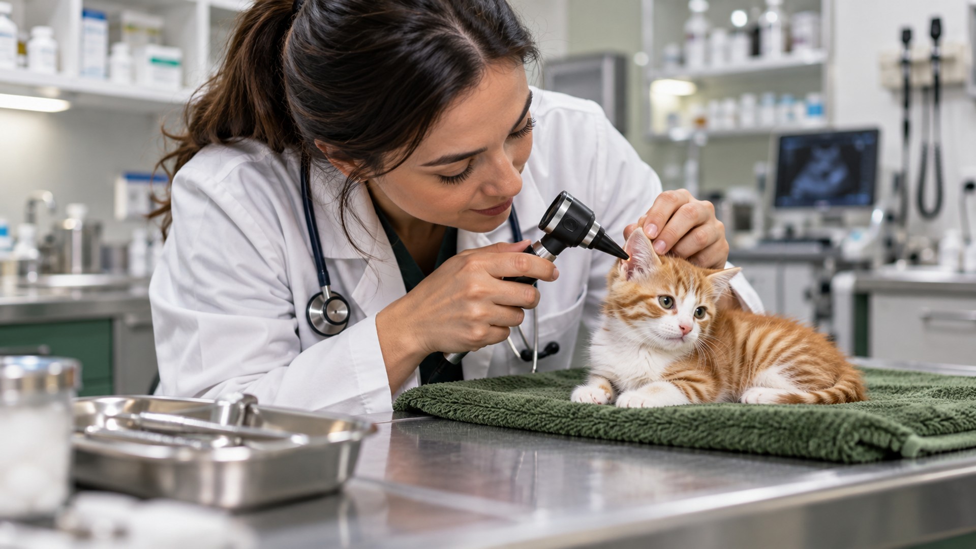 Cera, Sujeira ou Ácaro? Como Identificar e Limpar a Orelha do Gato Antes que Vire Problema 5 veterinária examinando orelha de gato filhote com otoscópio em clínica