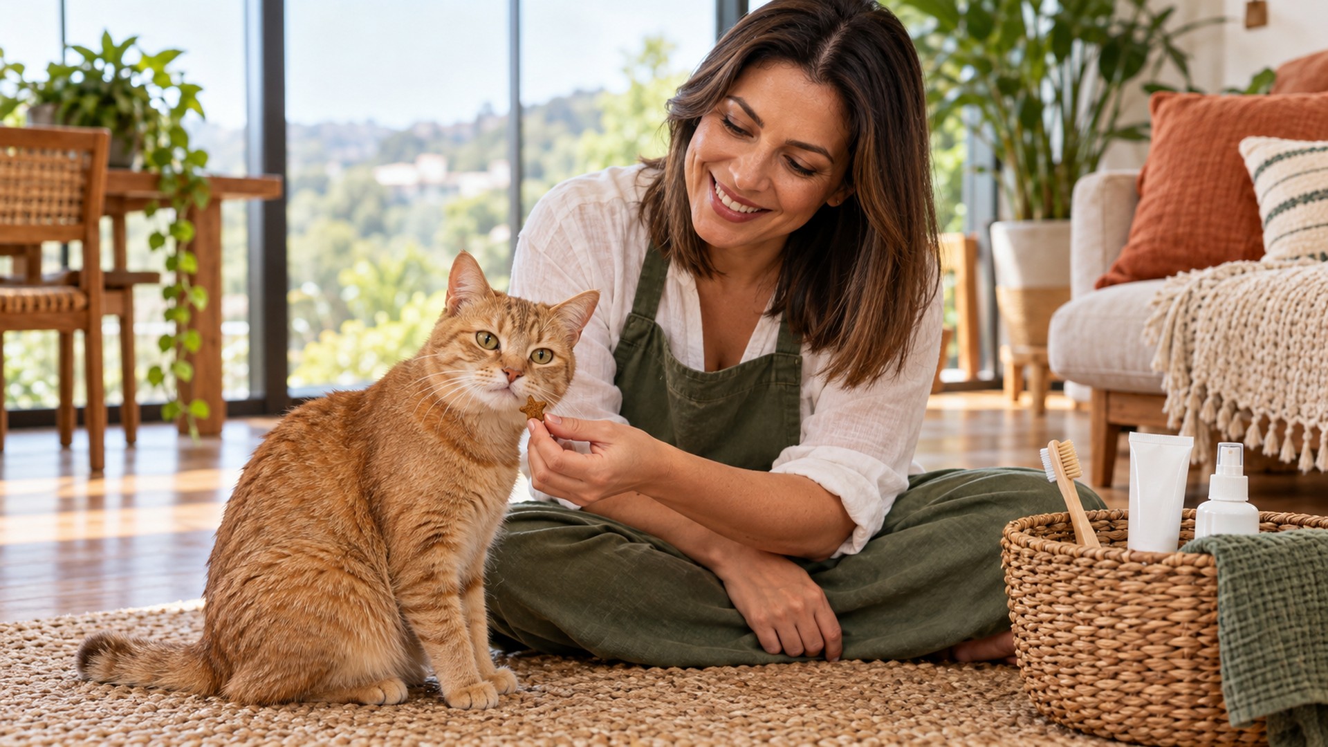 tutora oferecendo petisco dental para gato como alternativa à escovação em casa