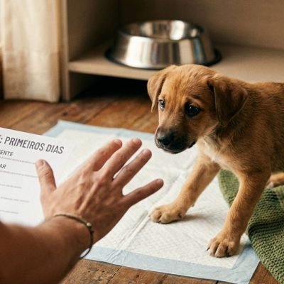 Cachorro filhote olhando com curiosidade para kit de enxoval com tapete higiênico pet e ração de alta qualidade em sala organizada.