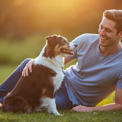 Cão obediente e tutor feliz após treino fácil e rápido de adestramento