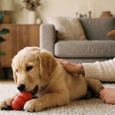 O momento do sucesso. Um filhote calmo, focado em um brinquedo, com o tutor ao lado sorrindo.