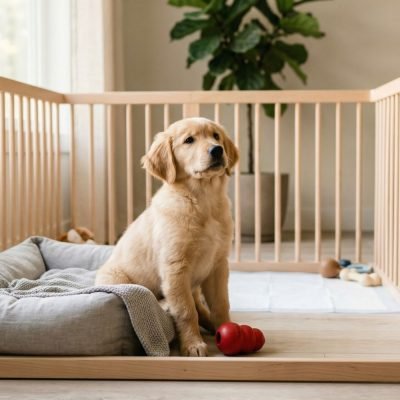Um filhote calmo em seu espaço seguro, demonstrando confiança e harmonia com o ambiente doméstico