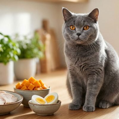 Um gato saudável e imponente ao lado de uma composição artística de alimentos permitidos, transmitindo frescor e cuidado profissional